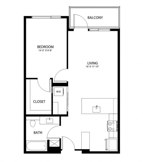 A black and white image of a floor plan for a bedroom, living room, and bathroom.
